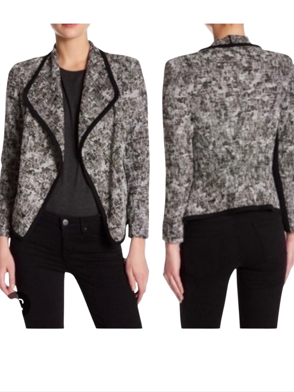 Vince Drape Open Front Black White Boucle Tweed Jacket Size 8